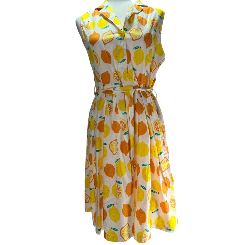 LA Soul Lemon Print Shirt Dress XL White Citrus Fruit Front Tie Waist Picnic